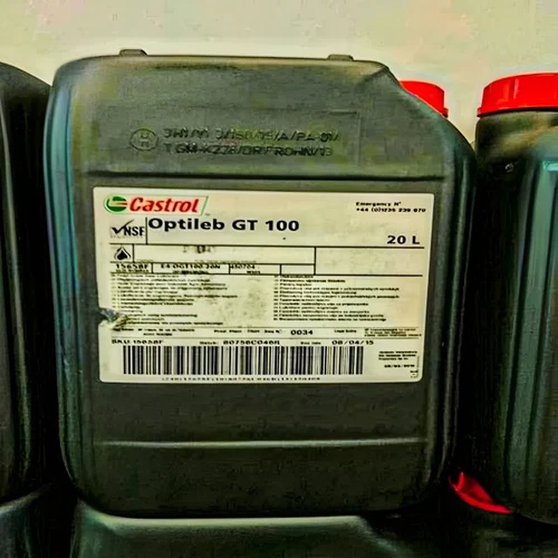 Castrol Optileb GT 100 food-grade gear oil in a 20 litre can